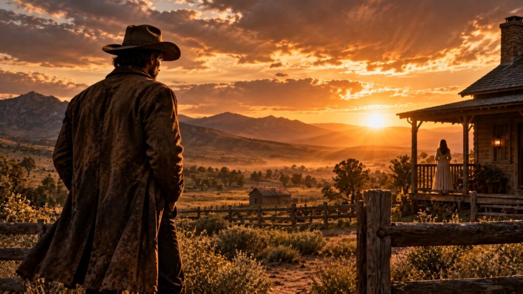 Original editorial artwork for Angel and the Badman (2026), showing a lone cowboy facing a ranch house at sunset