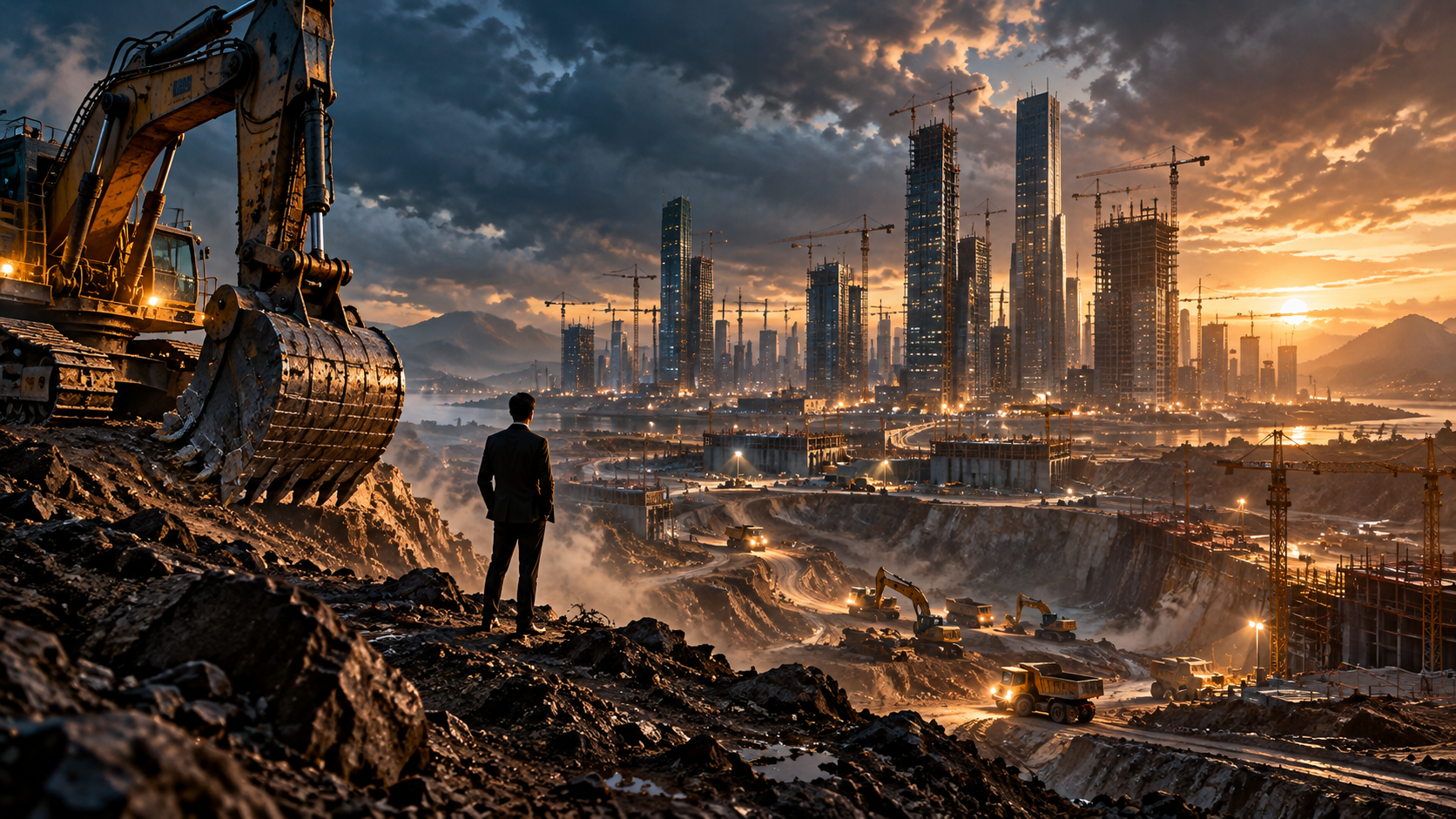 Original cinematic editorial artwork of an excavator at a huge construction site at dusk for the Digger movie review