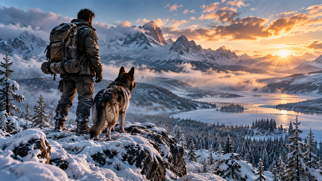 Original wilderness adventure artwork for Heart of the Beast, showing a traveler and dog overlooking snowy mountains