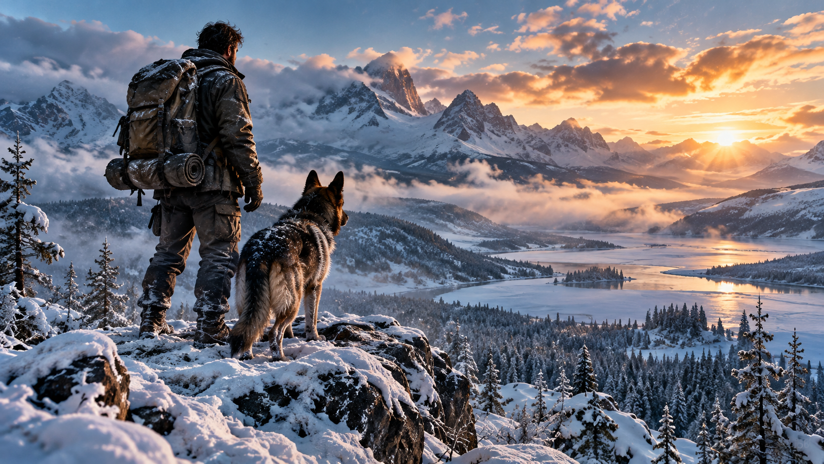 Original wilderness-adventure illustration of a traveler and dog overlooking a snowy mountain valley for the Heart of the Beast review