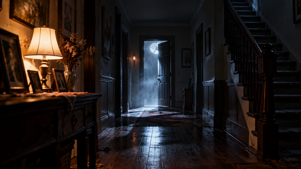 Original eerie home hallway artwork for the Insidious Out of the Further review