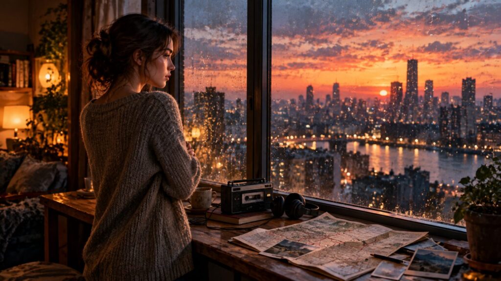 Original editorial artwork for Love of Your Life (2026), showing a woman reflecting beside a rainy city window at sunset