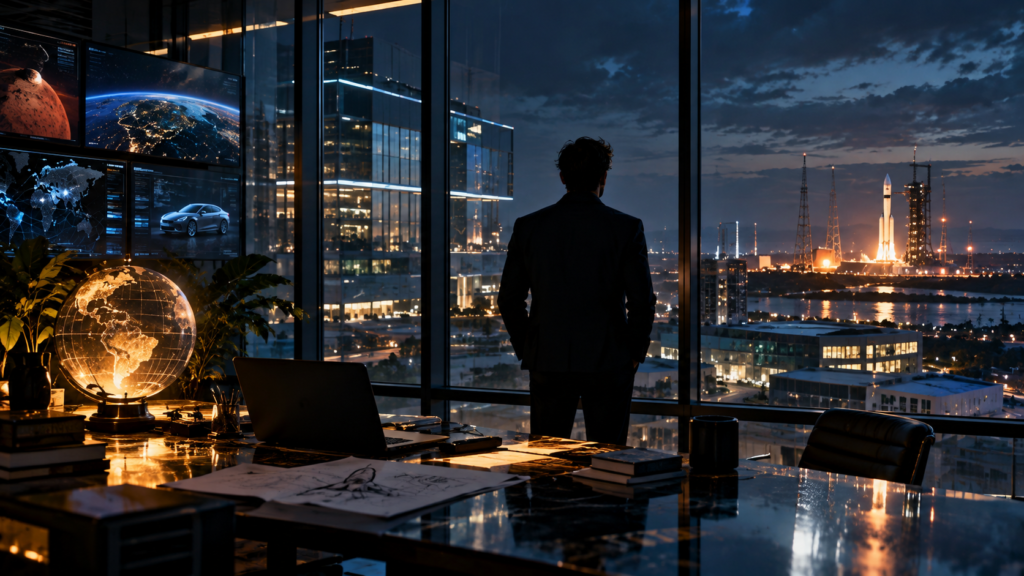 Original editorial artwork of a silhouetted executive overlooking a technology campus and rocket launch site for the Musk documentary review