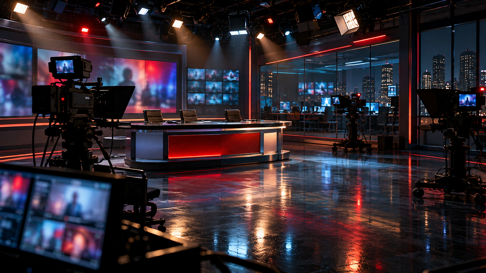 Original cinematic illustration of an empty late-night television studio for the Primetime review