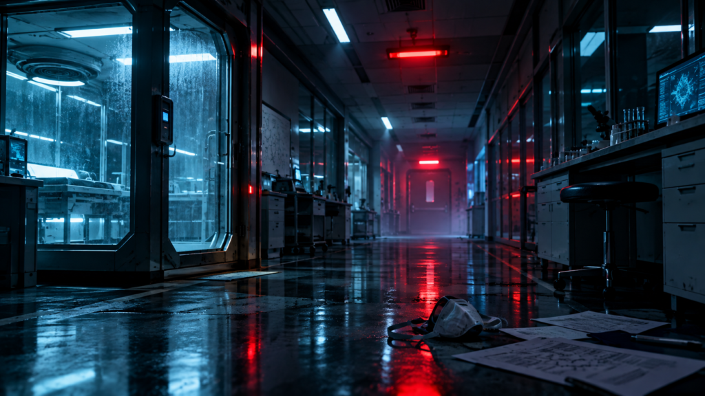 Original cinematic editorial artwork of an abandoned blue and red lit research laboratory for the Resident Evil review