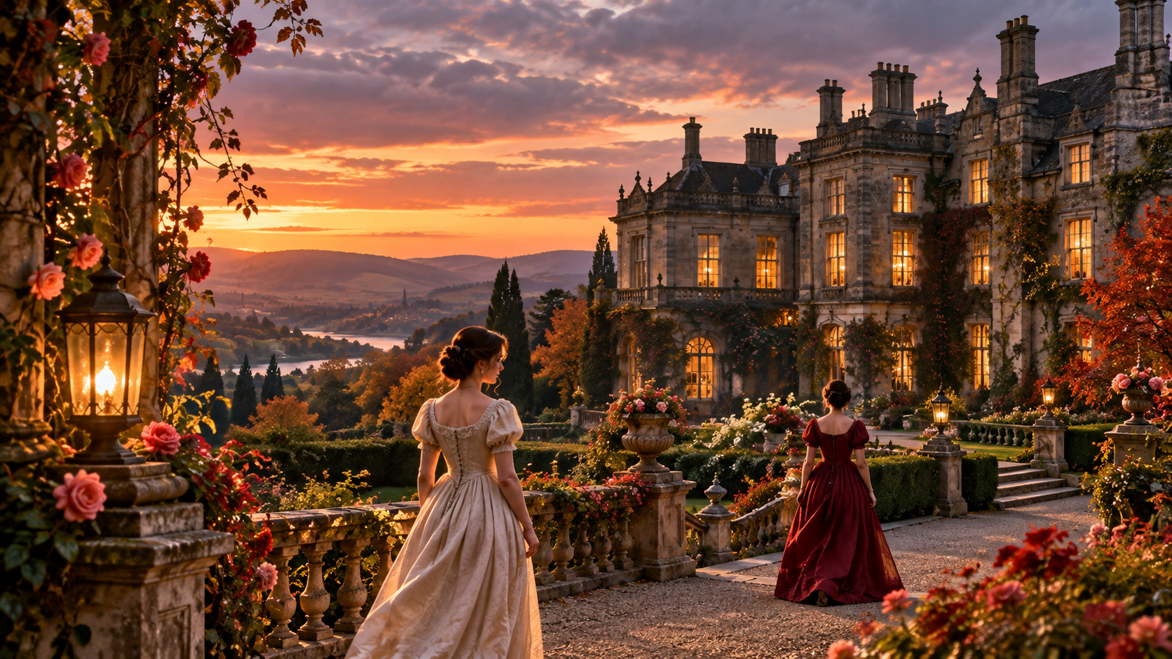 Original romantic period artwork of an ivy-covered manor and two Regency-gowned women at sunset for the Sense and Sensibility review preview