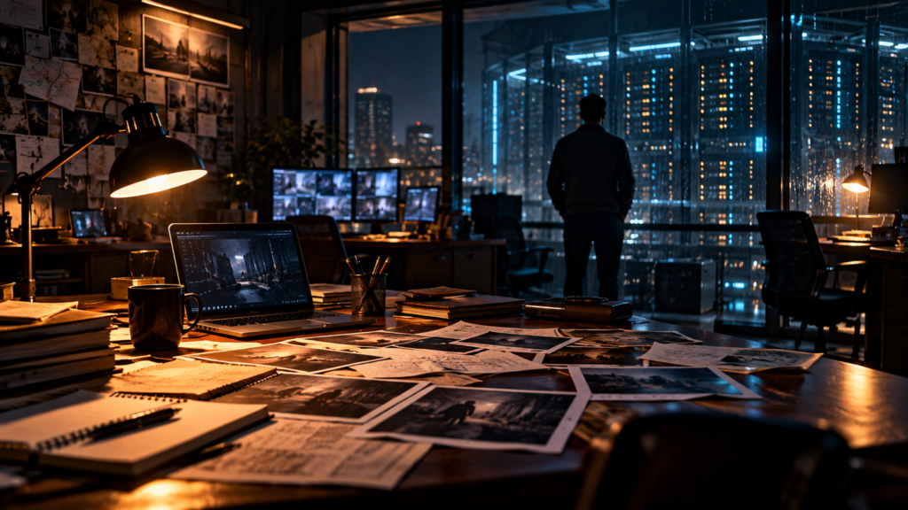 Original cinematic editorial artwork of a late-night investigative newsroom for The Social Reckoning review