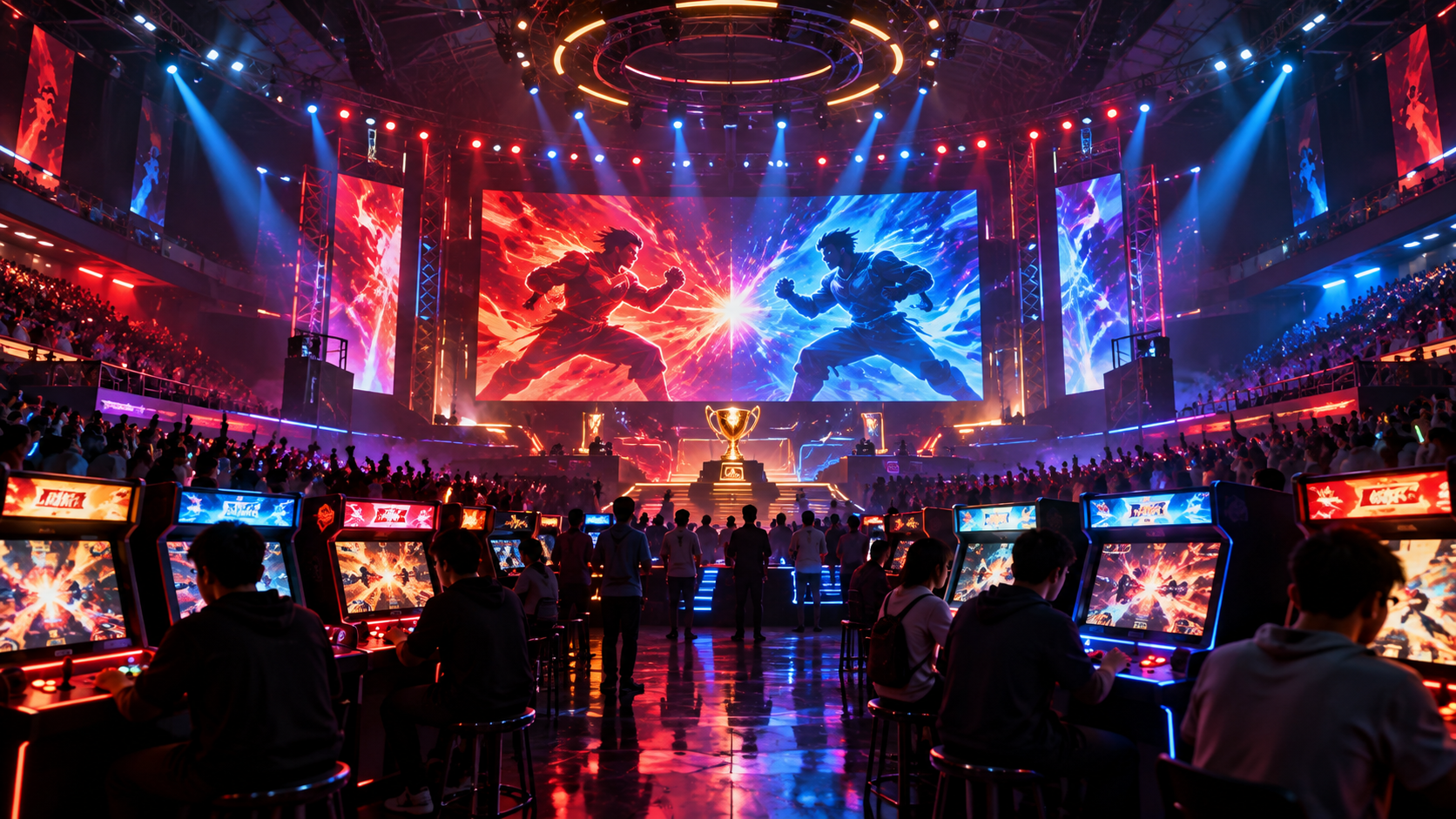 Original editorial artwork of a neon esports arena with abstract red and blue game fighters for the Street Fighter movie preview