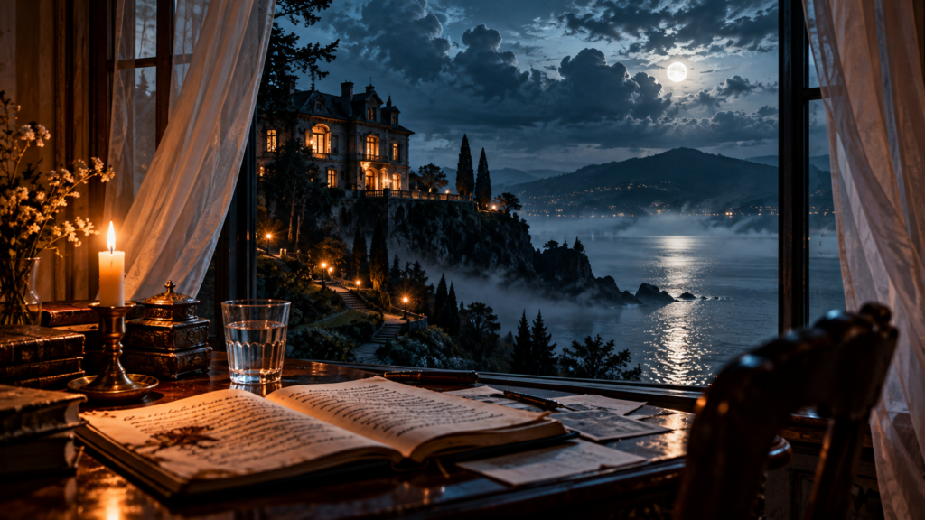 Original cinematic editorial artwork of a foggy coastal manor and open manuscript for the Verity review