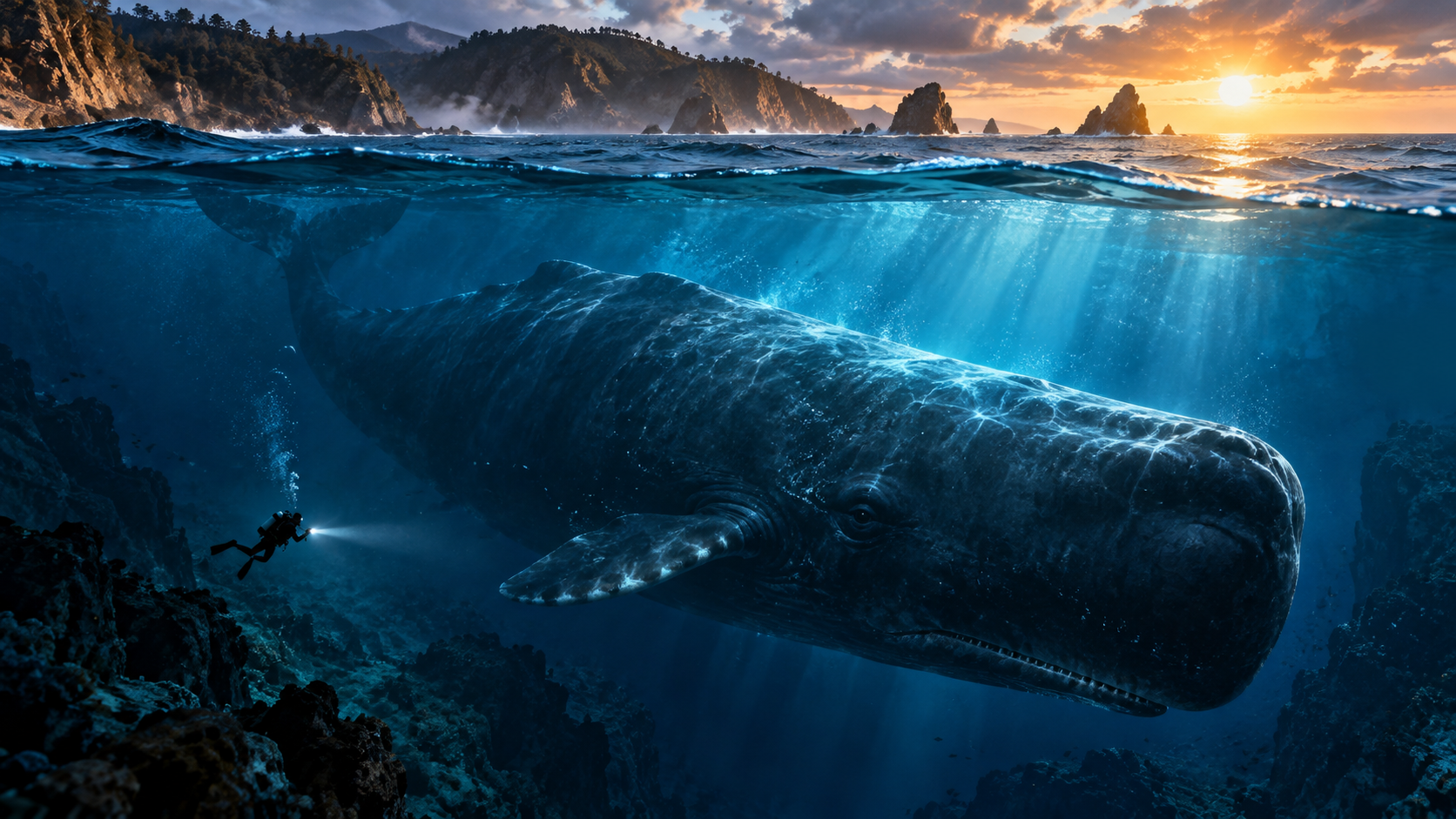 Original editorial artwork showing a huge sperm whale beneath a sunlit ocean for the Whalefall movie preview
