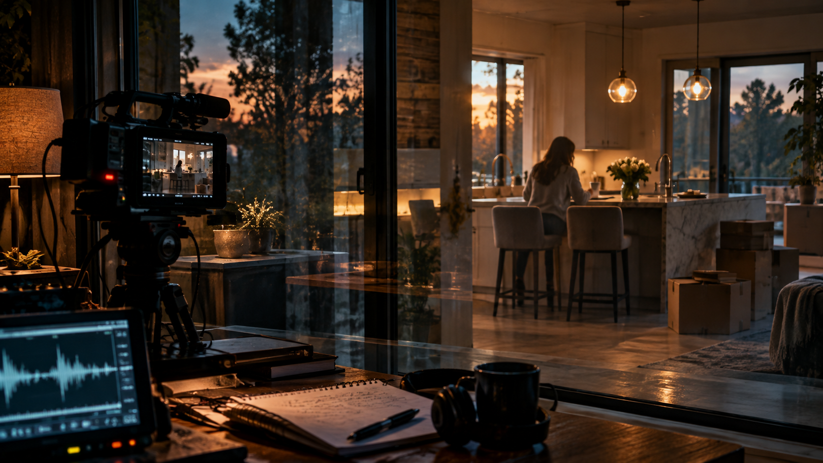 Original documentary-style artwork showing a camera filming a quiet modern home at dusk for You Can See Everything